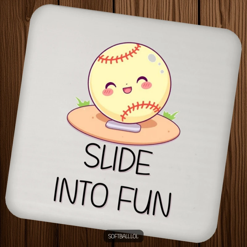 Funny coaster set with a cartoon softball confidently sliding into home plate. Protects surfaces with a humorous sports design.