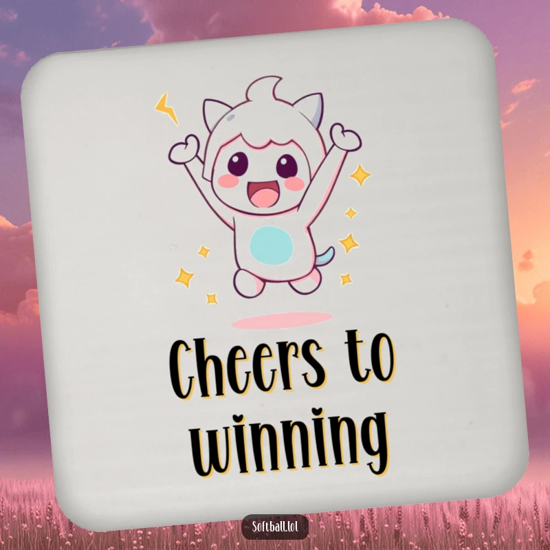Funny Victory Jump Coaster, featuring a kawaii character doing a happy jump after a hit, perfect for drinks and table protection.