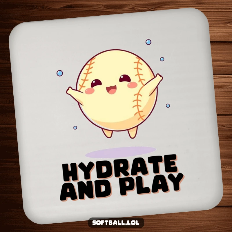 Funny coaster set with a cartoon softball doing a star jump and sweating. Protects surfaces with a humorous sports design.