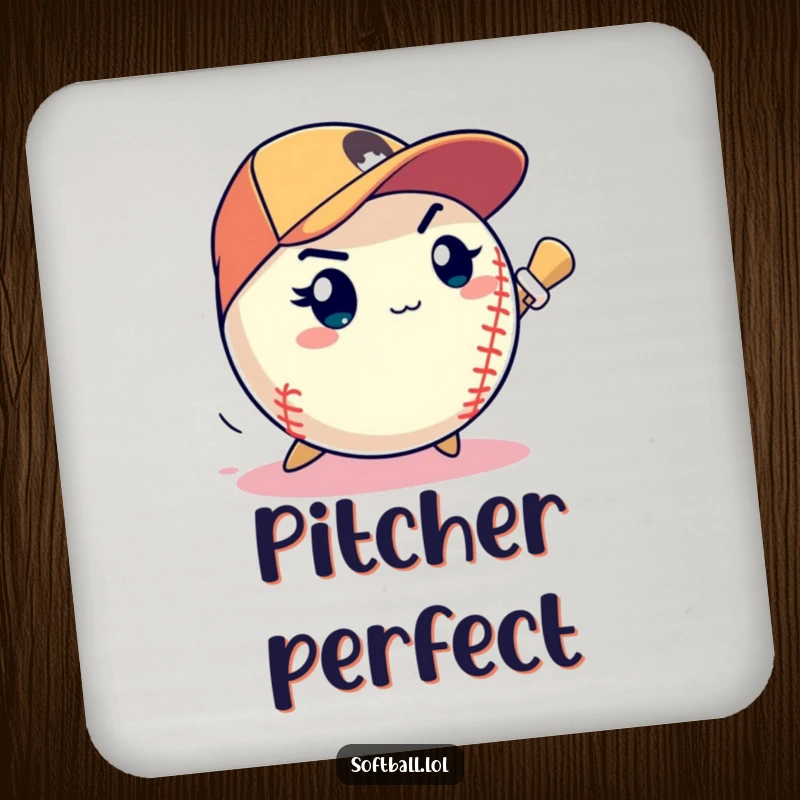 Funny softball determined expression pitching a speedy strike, humorous drink coasters