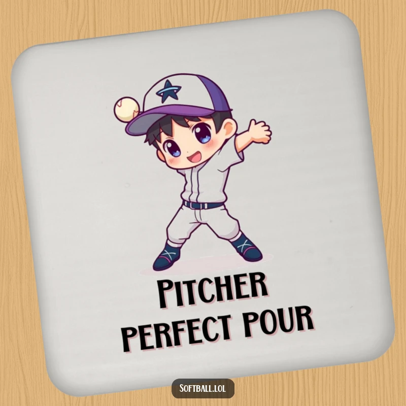 Funny drink coasters featuring a character in a dynamic pose with a fancy pitching motion, adding sporty humor.