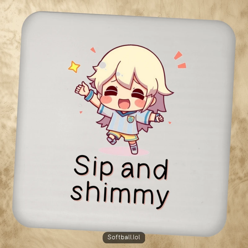 Funny drink coaster showing a character doing a silly dance after scoring, protecting surfaces with celebratory art.