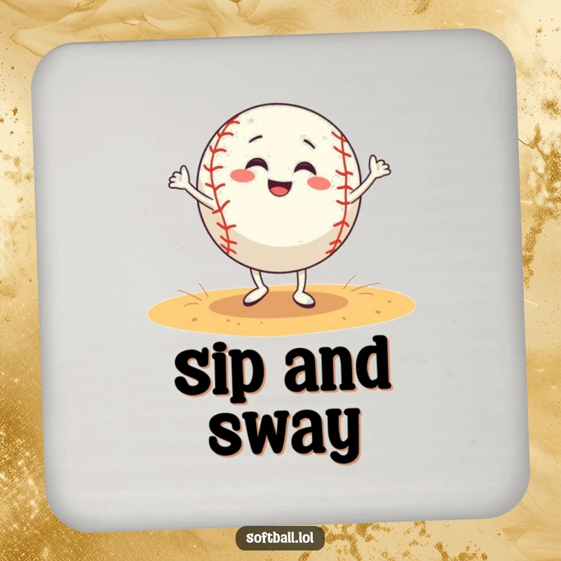 Funny softball coaster displays a grinning softball character doing a silly dance, protecting surfaces with humorous flair.