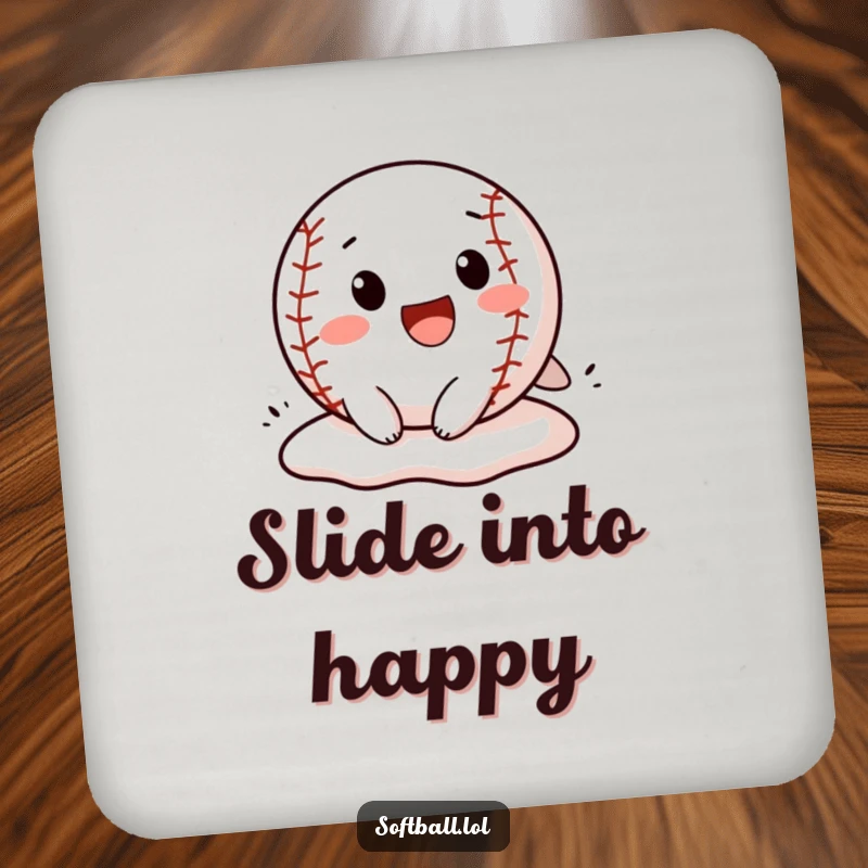Funny softball drink coasters showcasing a cheerful character sliding into a base, offering both protection and a comedic visual.