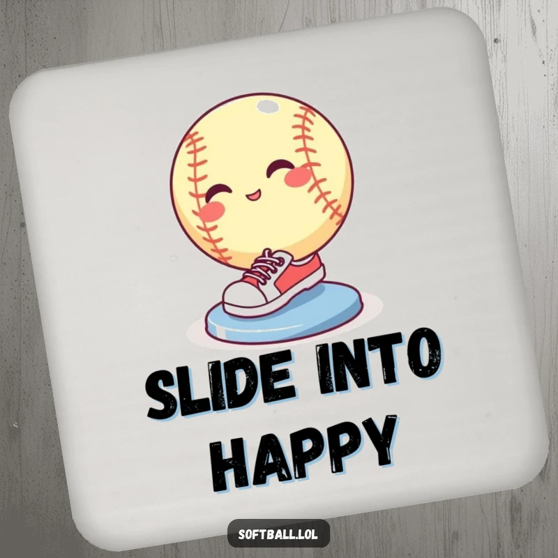Funny softball wearing tiny sneakers sliding into a base with a flourish, humorous drink coasters