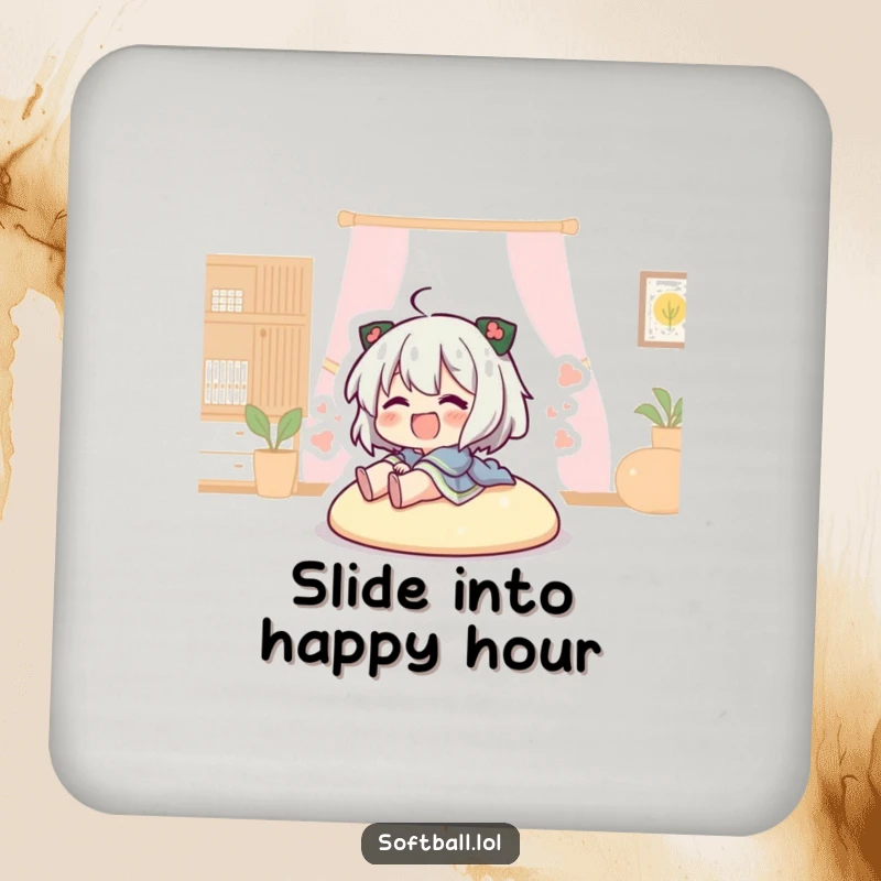 Funny character sliding into home plate on a drink coaster, bringing sports action and humor to table protection.