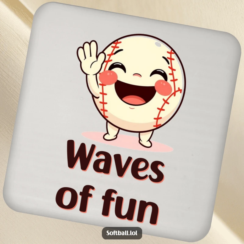 Funny softball drink coasters showcasing a character waving with a huge, friendly smile, adding a welcoming touch.