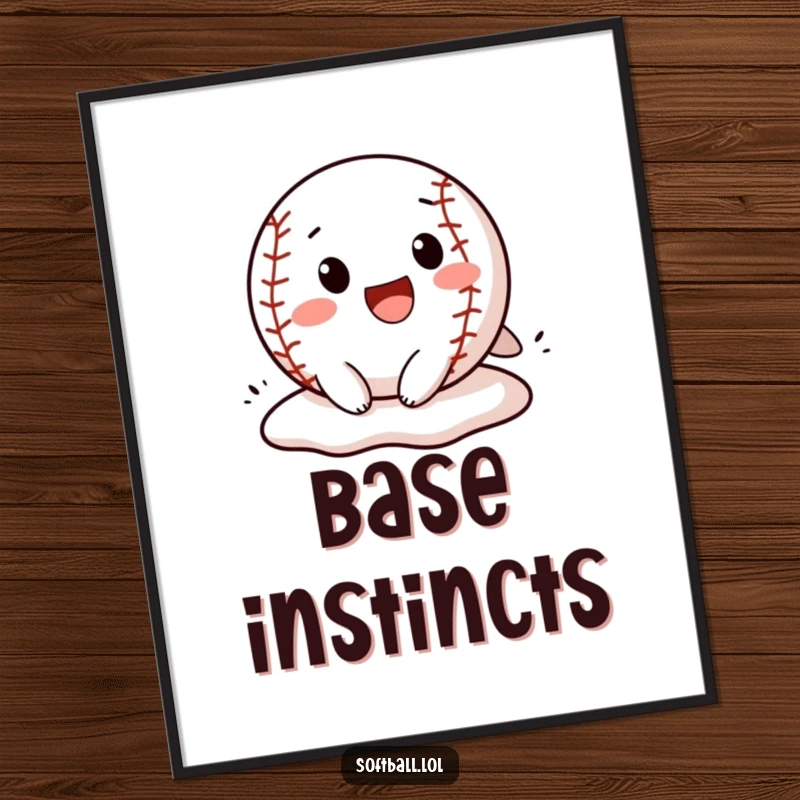 Funny softball poster featuring a cheerful character in the thrilling motion of sliding headfirst into a base, capturing athletic humor.