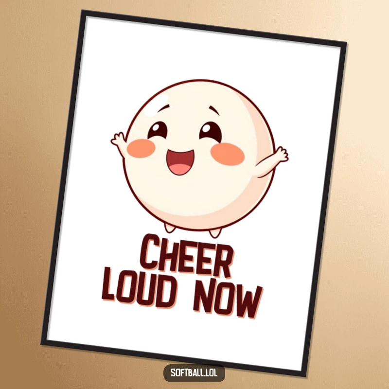 Funny cheerful softball poster, rosy cheeks, excited cheering, vibrant artwork, perfect for a funny gift.