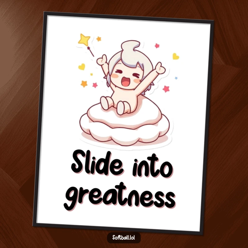 Funny poster artwork depicting a character performing a dynamic slide into a bouncy base, bringing sports humor to any wall.