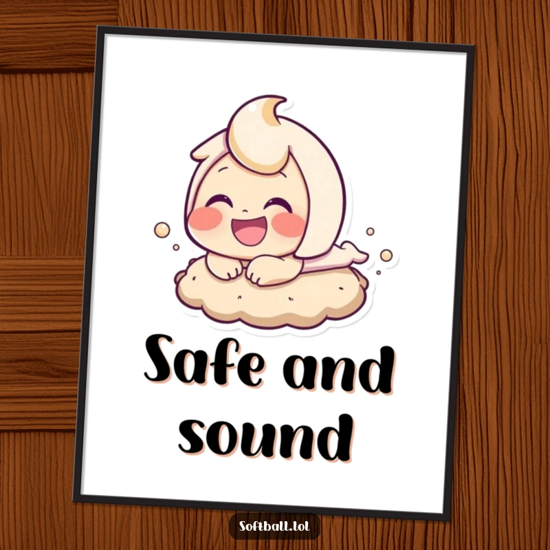 Funny baseball sloth bear poster capturing the dynamic moment of a character sliding into base, full of action and excitement.