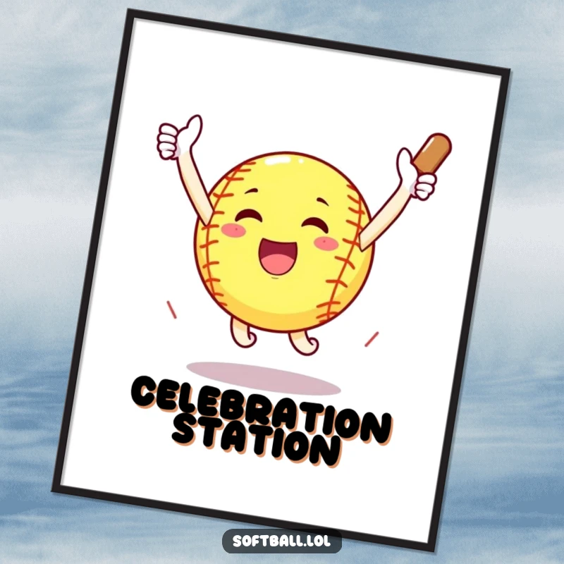 Funny softball arms outstretched celebrating a home run with a jump, dynamic and humorous wall art