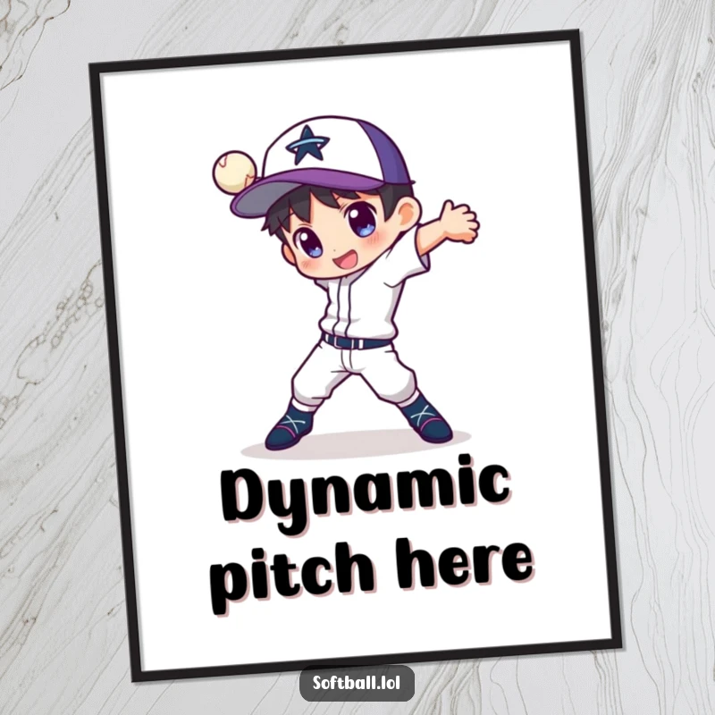 Funny poster of a character in a dynamic pose, demonstrating a fancy pitching motion, ideal for baseball-themed decor.