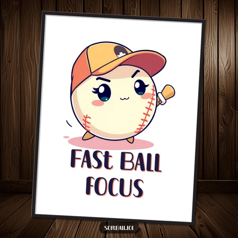 Funny softball determined expression pitching a speedy strike, motivational and humorous wall art