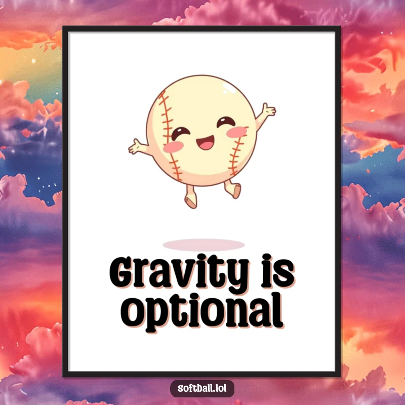 Funny silly jump softball poster, performing an exuberant jump, perfect for wall art and a funny gift.