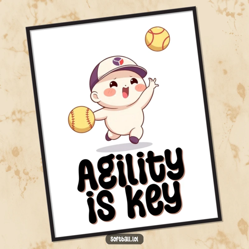 Funny softball poster showcasing an agile character making an incredible catch of a flying ball, highlighting skill and comedic timing.