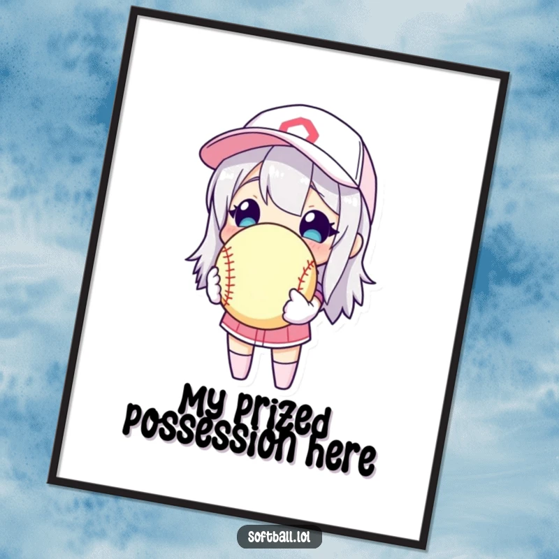 Funny character holding a softball like a precious item in a poster, expressing a humorous and profound love for the sport.