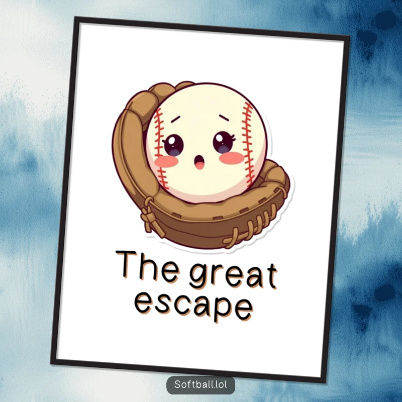 Funny Poster of a surprised softball popping out of a mitt, a humorous and dynamic depiction of a game moment.