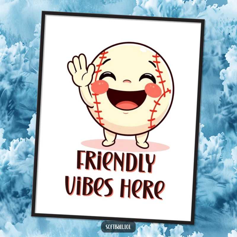 Funny softball poster capturing a character waving with immense joy and a wide, welcoming smile, radiating friendly energy.