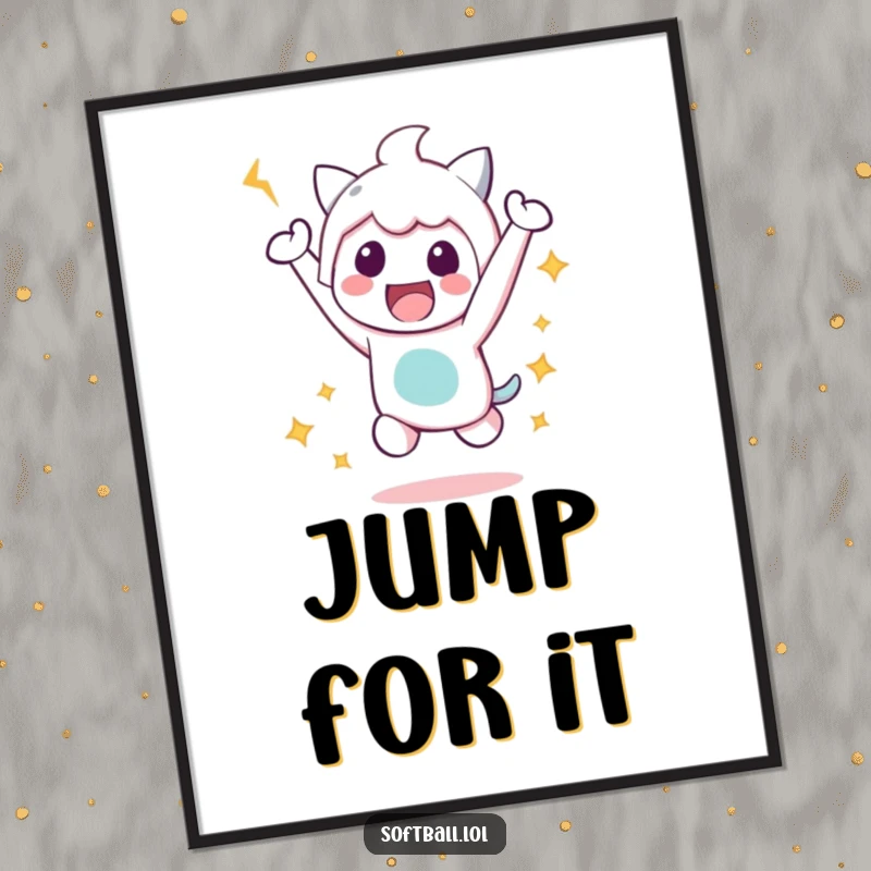 Funny Victory Jump Poster, depicting an ecstatic kawaii character jumping joyfully after a successful hit, embodying athletic triumph.