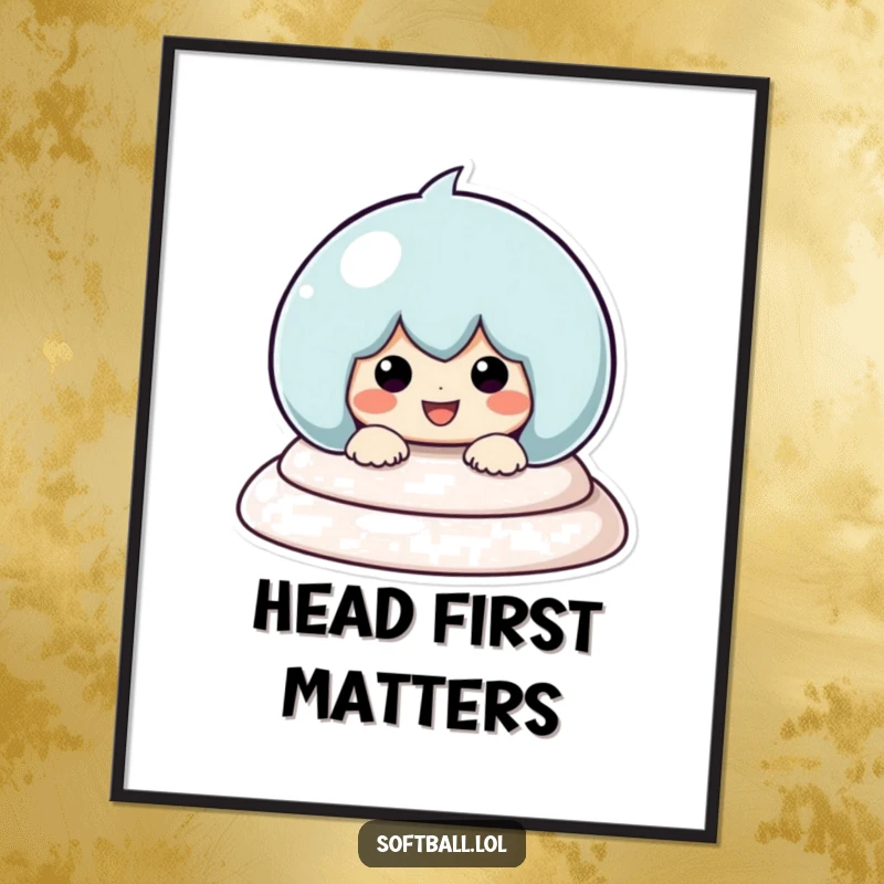 Funny Baseball Sliding Poster, depicting a triumphant kawaii character sliding headfirst with a smile, capturing the thrill of the game.