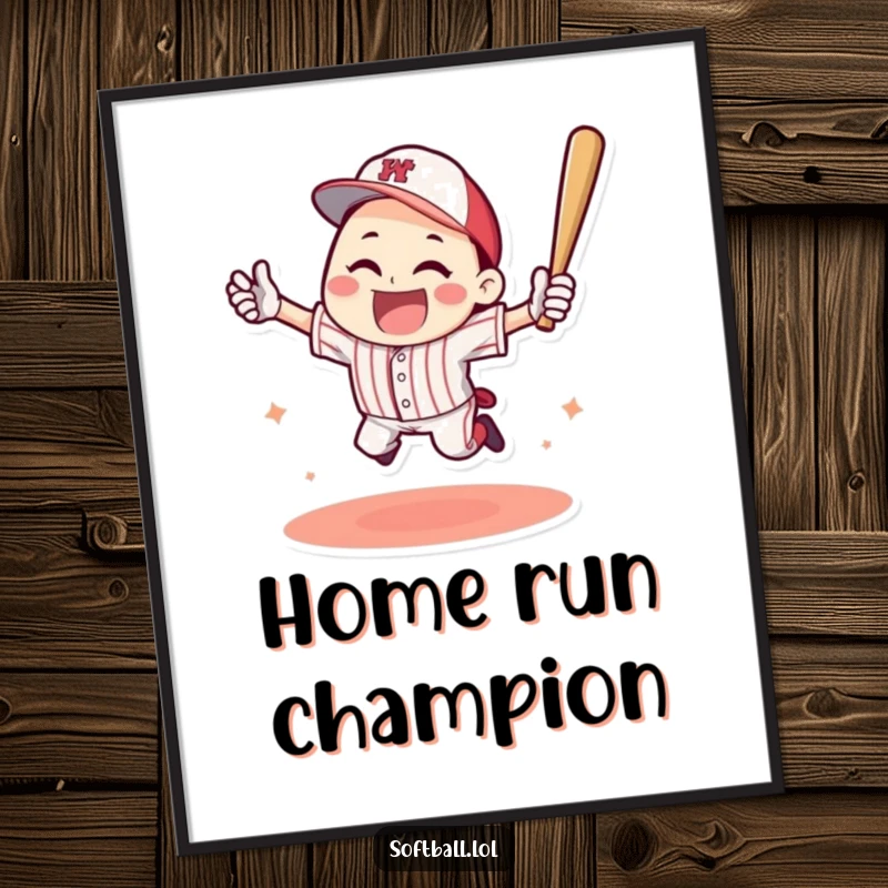 Funny poster of a happy character celebrating a baseball home run with a triumphant jump, capturing a moment of pure sporting glory.