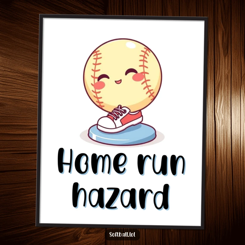 Funny softball wearing tiny sneakers sliding into a base with a flourish, humorous sports wall decor