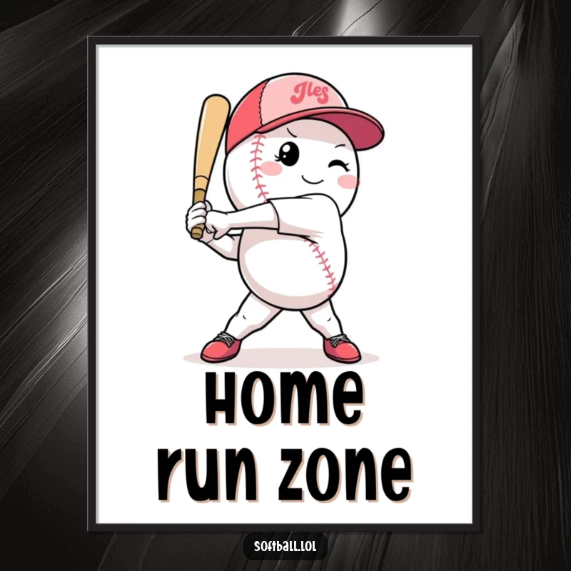 Funny softball poster displaying a dynamic character in a confident mid-swing pose, capturing the excitement of the game.