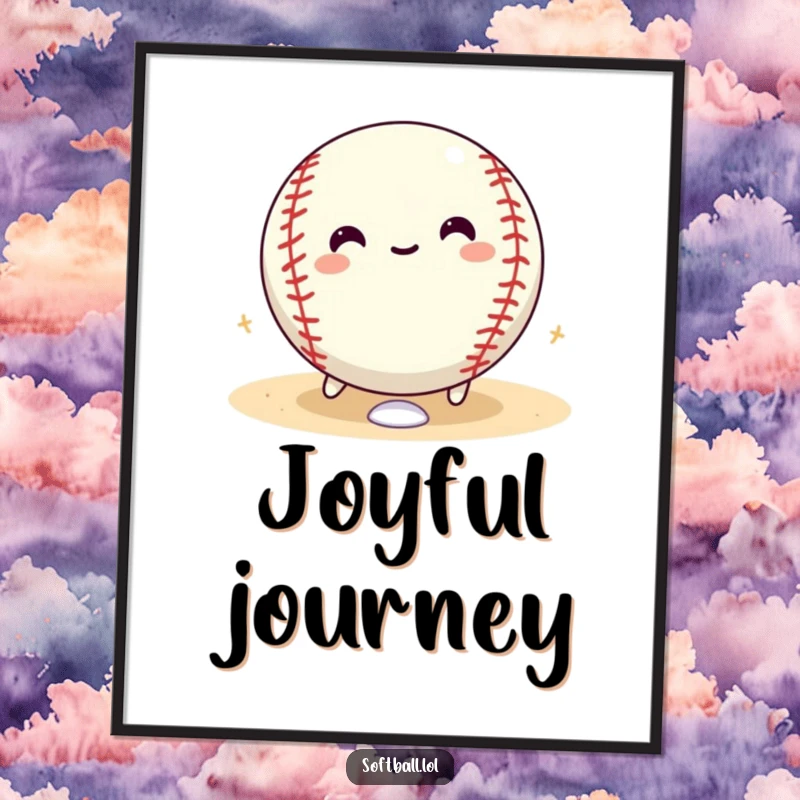 Funny softball poster depicting a happy softball character rolling with glee around the bases, fun wall art for fans.
