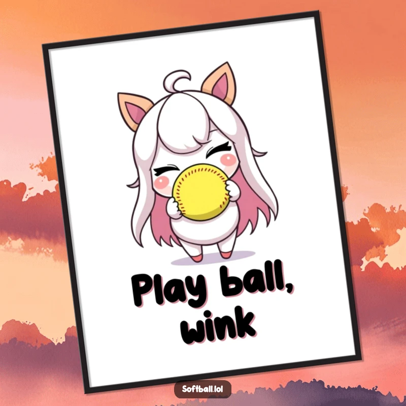 Funny poster depicting a character winking while holding a softball, perfect for adding humorous wall art.