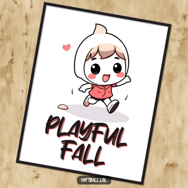 Funny kawaii character poster of a cute character playfully tripping while running bases, a humorous and relatable wall art.