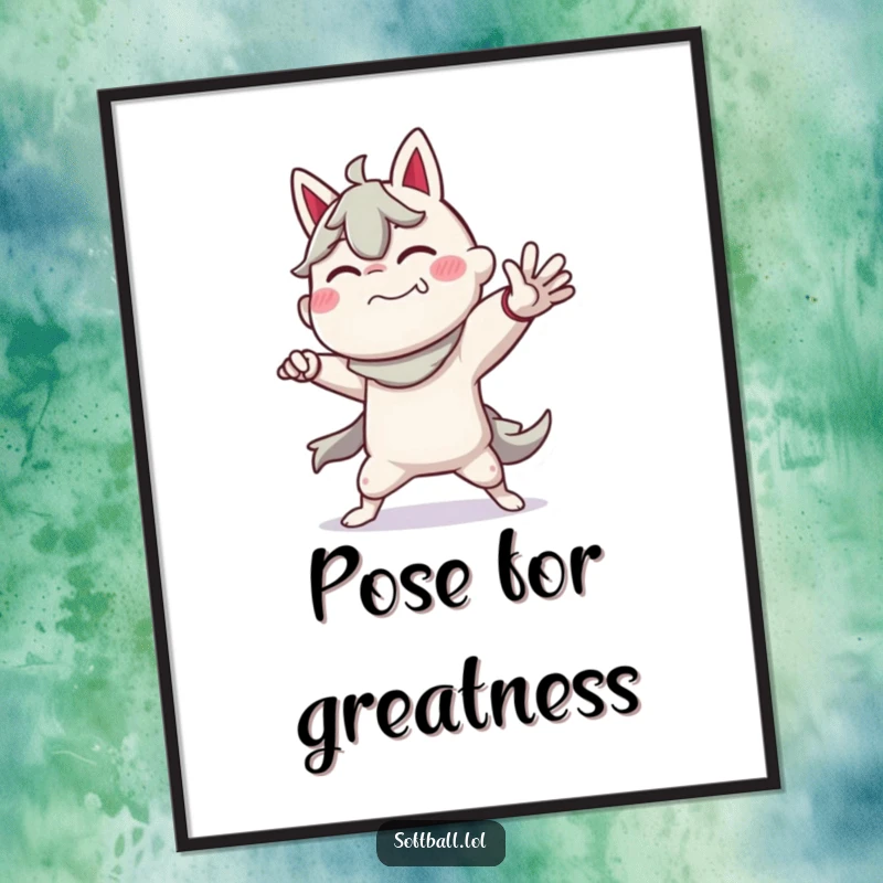 Funny poster artwork capturing a character in a theatrical, powerful pitching pose, bringing baseball excitement to any room.