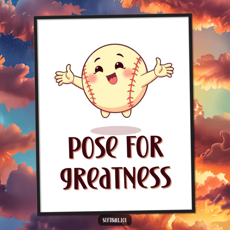Funny poster of a cartoon softball striking a dynamic pose with arms outstretched. Motivational and humorous sports decor.