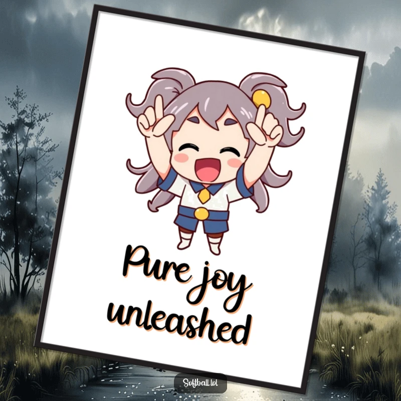 Funny poster depicting a character cheering enthusiastically with arms raised, symbolizing success and pure happiness.