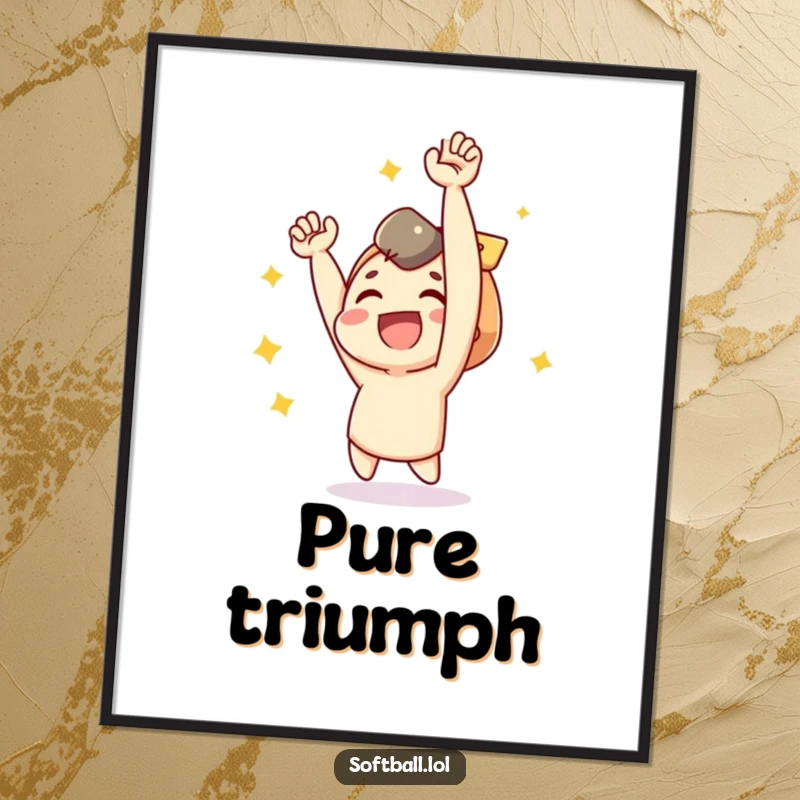 Funny poster artwork of a joyful character cheering with arms up after a baseball hit.