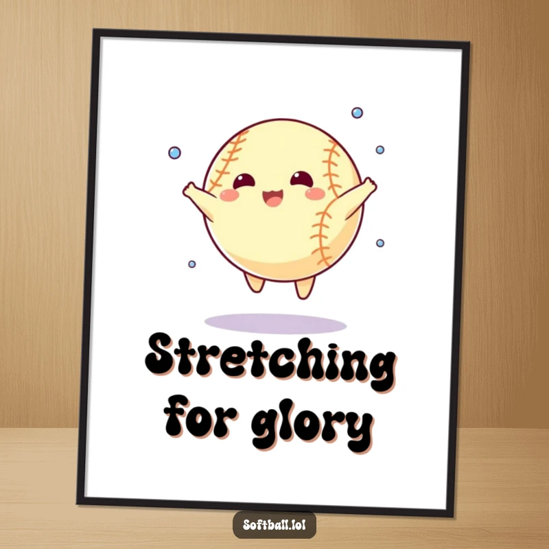 Funny poster of a cartoon softball doing a star jump with tiny sweat droplets flying. Motivational and humorous sports decor.