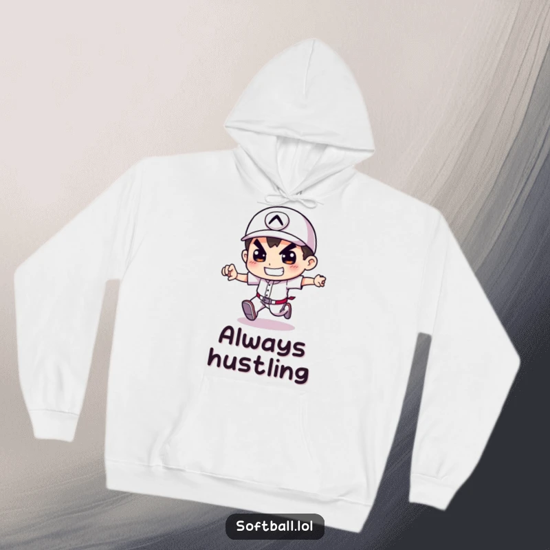 Funny hoodie depicting a character running bases with a resolute grin, perfect for staying warm and entertained.