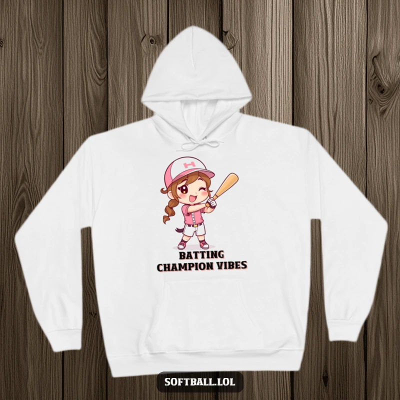 Funny hoodie depicting a happy character in a softball uniform swinging a bat with gusto, perfect for staying warm.