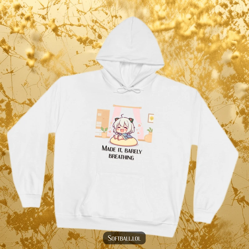 Funny character sliding into home base on a cozy hoodie, showcasing energetic sports action and humor.
