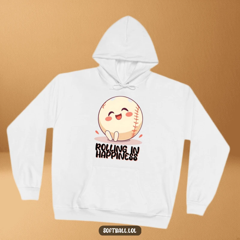 Funny Hoodie: A jubilant softball character is rolling on the ground with pure delight, radiating infectious glee and energy.