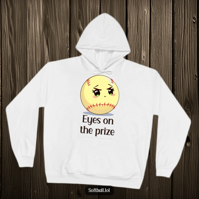 Funny softball hoodie showcasing a softball character peering intently at the batter, perfect for intense focus and warmth.
