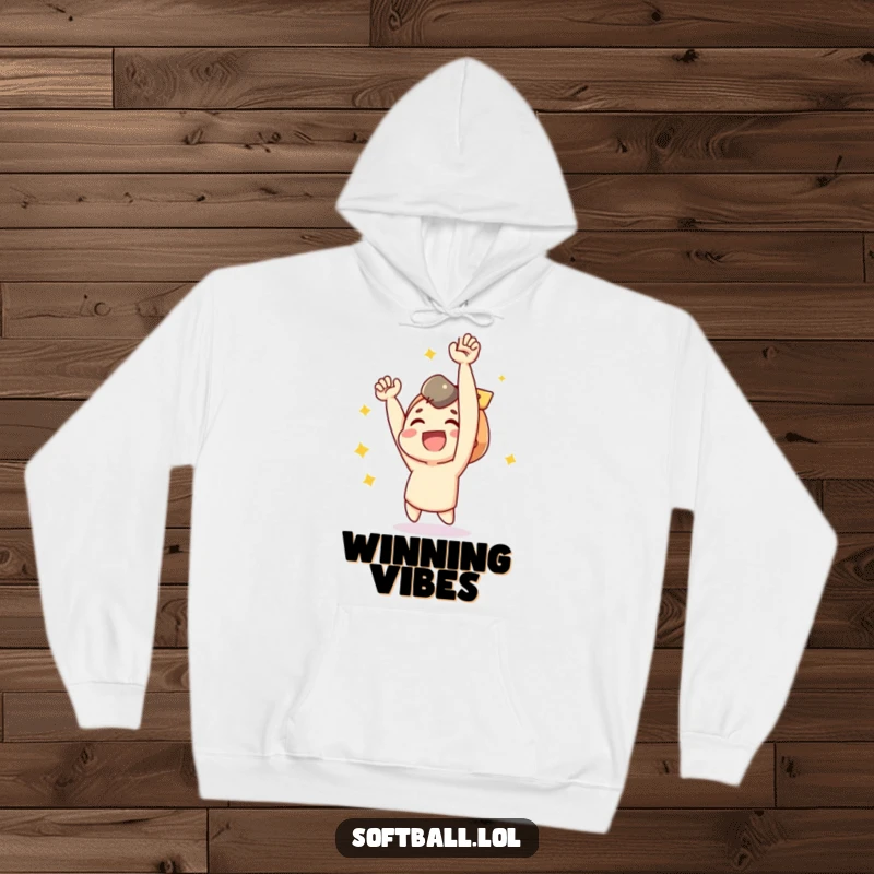 Funny hoodie with a joyful character cheering with arms raised after a baseball hit.