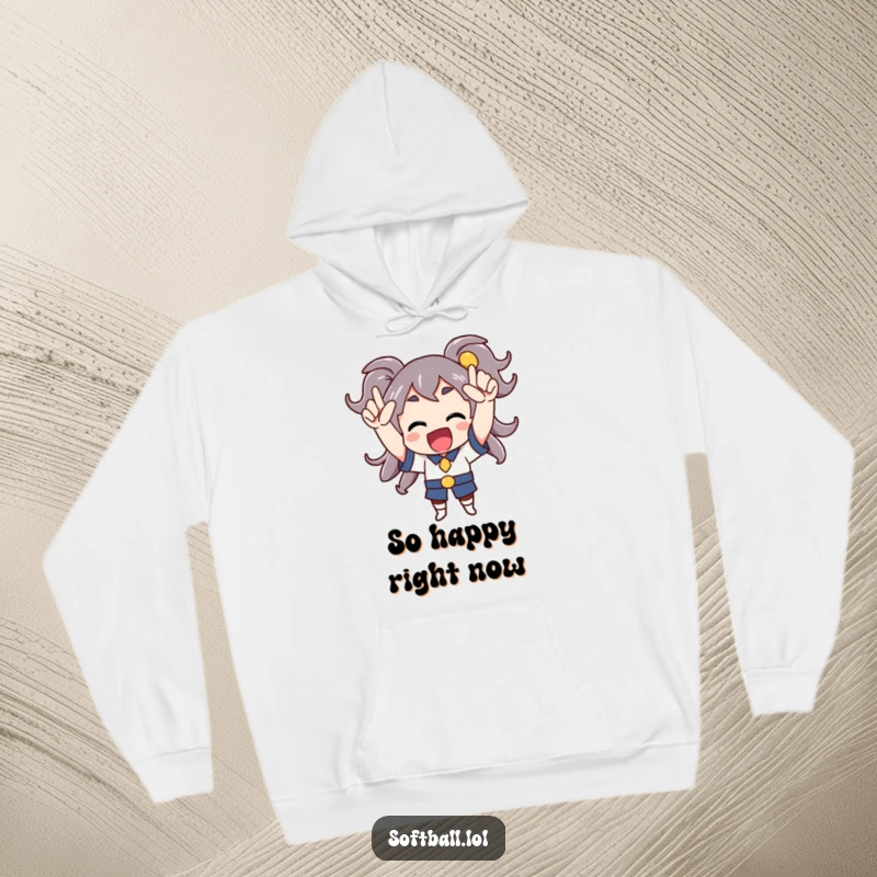 Funny hoodie with a character cheering enthusiastically with arms raised, soft and cozy with celebratory art.