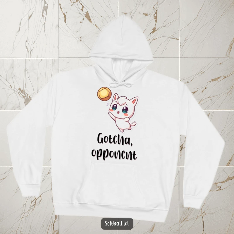 Funny Fly Ball Hoodie, illustrating a kawaii character with excited eyes catching a fly ball, perfect for cozy sports enthusiasts.