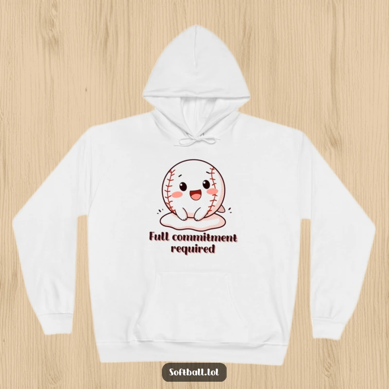 Funny softball hoodie depicting a cheerful character sliding headfirst into a base, designed for comfort and comedic impact.