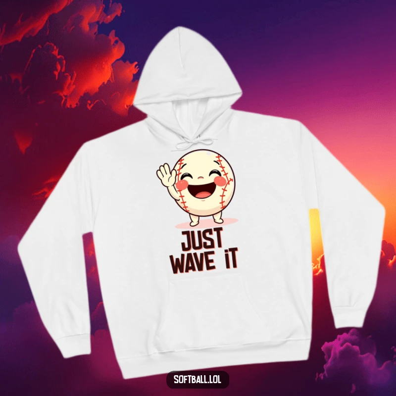 Funny softball hoodie featuring a joyful character enthusiastically waving hello with a big, friendly grin, perfect for cozy smiles.