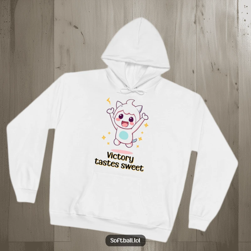 Funny Victory Jump Hoodie, illustrating a kawaii character mid-happy jump after a hit, perfect for cozy celebrations.