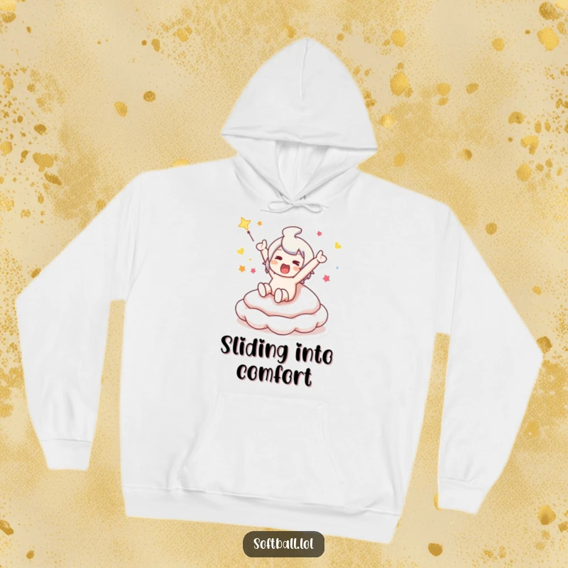 Funny hoodie with a character executing a dramatic, celebratory slide into a bouncy base, perfect for sports fans.