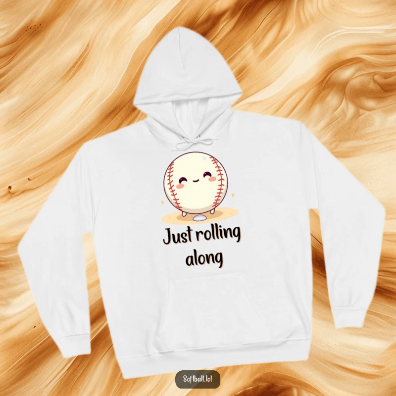 Funny softball hoodie featuring a joyful softball character rolling with glee around the bases, perfect for comfort and style.