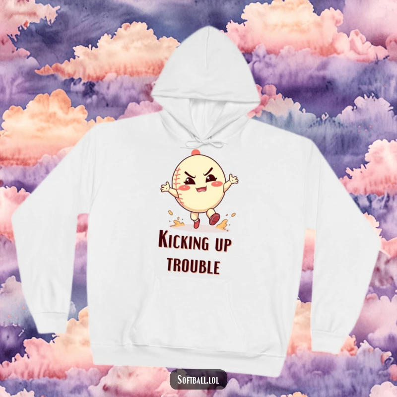 Funny softball hoodie depicting a character playfully kicking up dust with a happy grimace, designed for comfort and spirited fun.